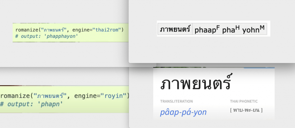 Different examples of Thai Transliteration